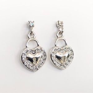 Silver Heart Padlock Drop Earrings Clear Crystals Women's Jewelry Accessory NWOT